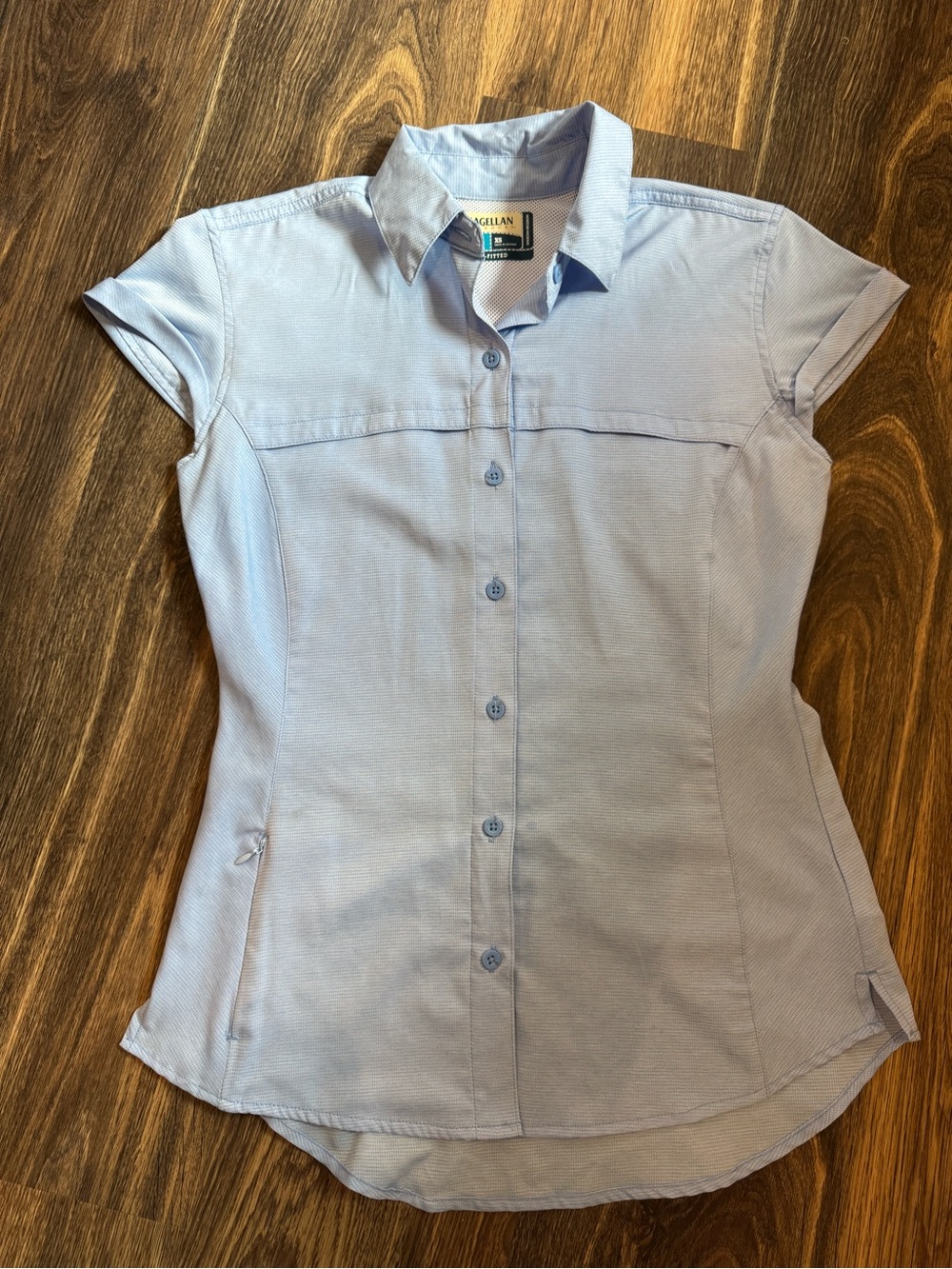 Magellan Outdoors Light Blue Button-Down Cap Sleeve Shirt